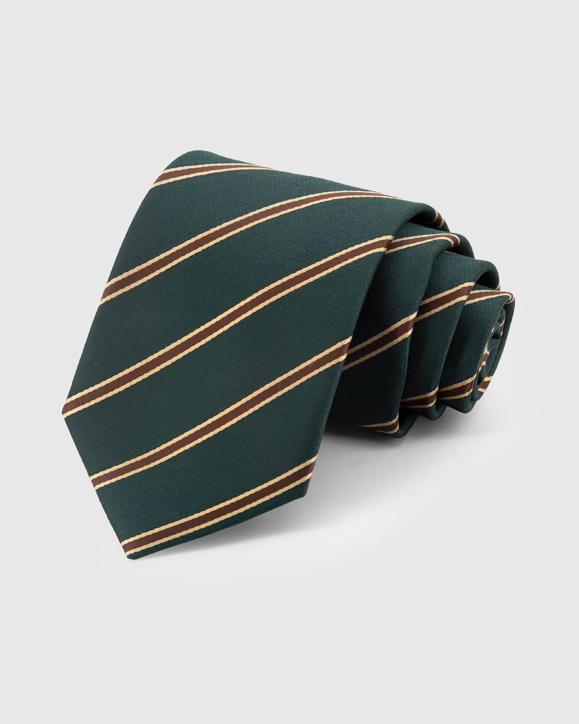 STICKYZOO Emerald Twin Stripe Tie in mulberry silk with cognac and gold diagonal twin stripes on emerald ground, 45° bias-cut