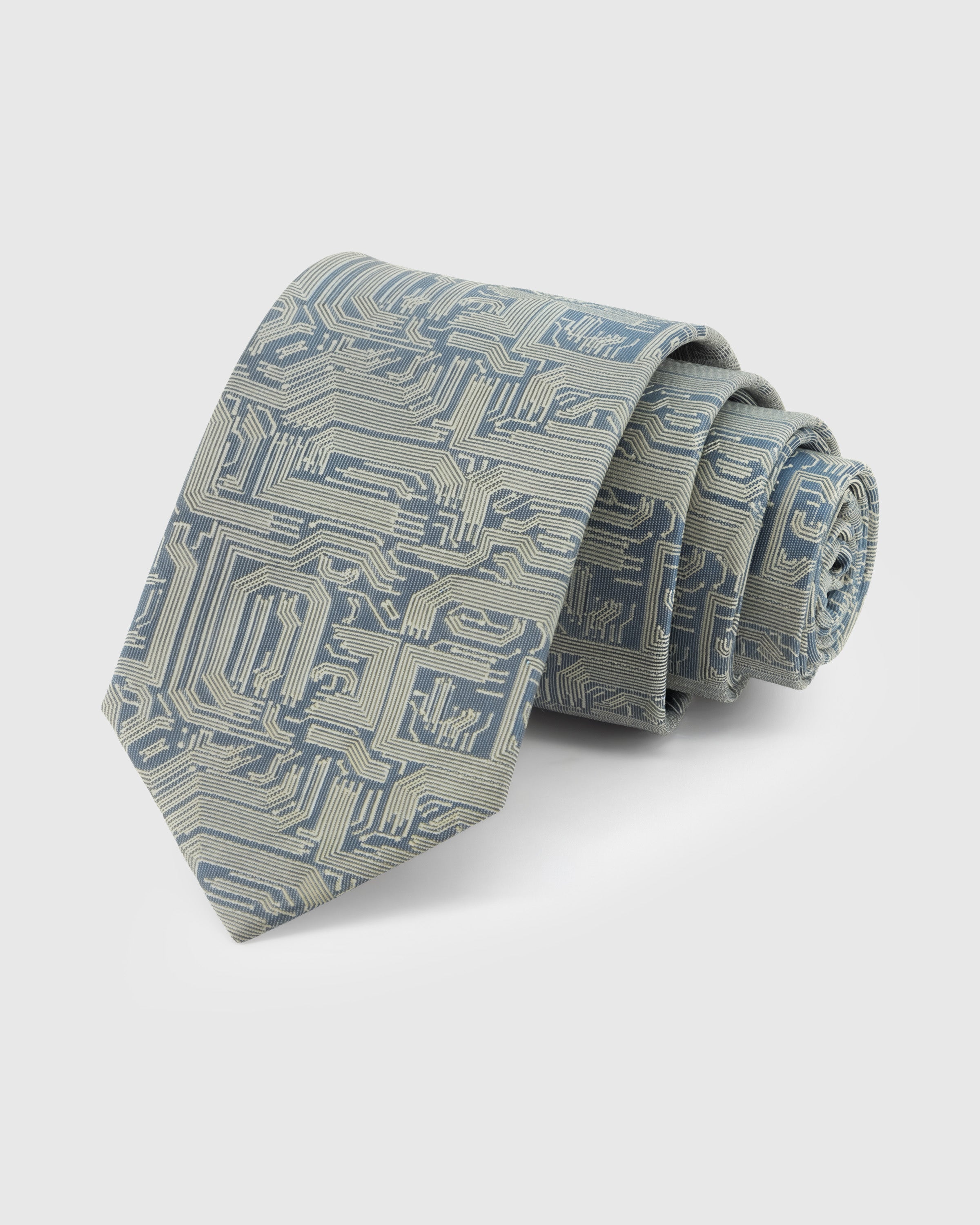 STICKYZOO Sage Circuit Tie in mulberry silk with abstract circuit pattern woven into jacquard in sage tones, 45° bias-cut Italian method