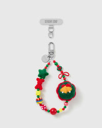Handmade festive wreath bead phone strap by STICKYZOO with silver-tone engraved hardware, shown with the Phone Strap Card