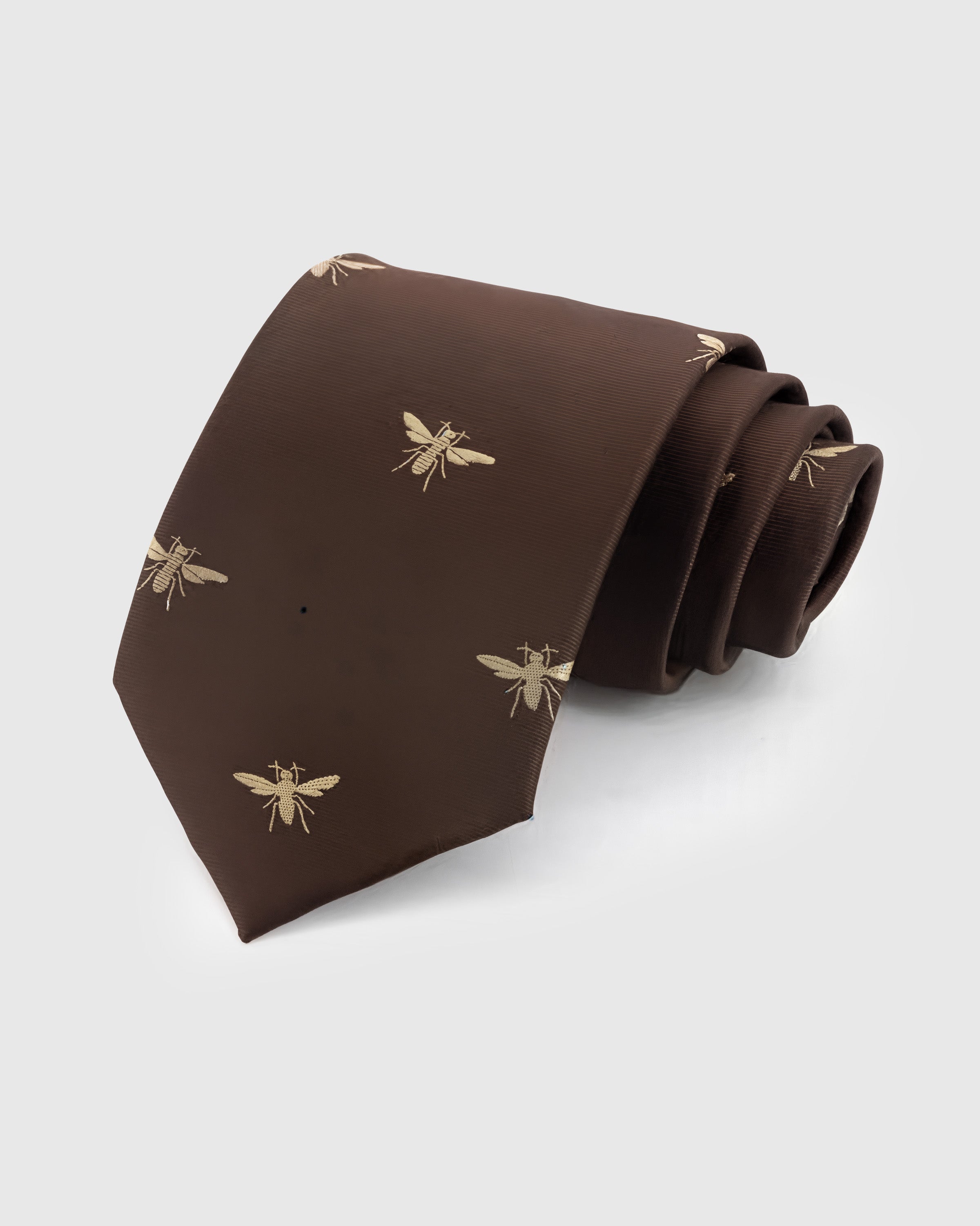 STICKYZOO Cocoa Bee Tie in hand-embroidered mulberry silk with gold bee motifs on warm chocolate ground, 45° bias-cut Italian method