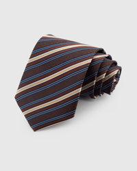 STICKYZOO Chestnut Paisley Stripe Tie in hand-embroidered mulberry silk with tonal paisley and navy cream stripes, 45° bias-cut