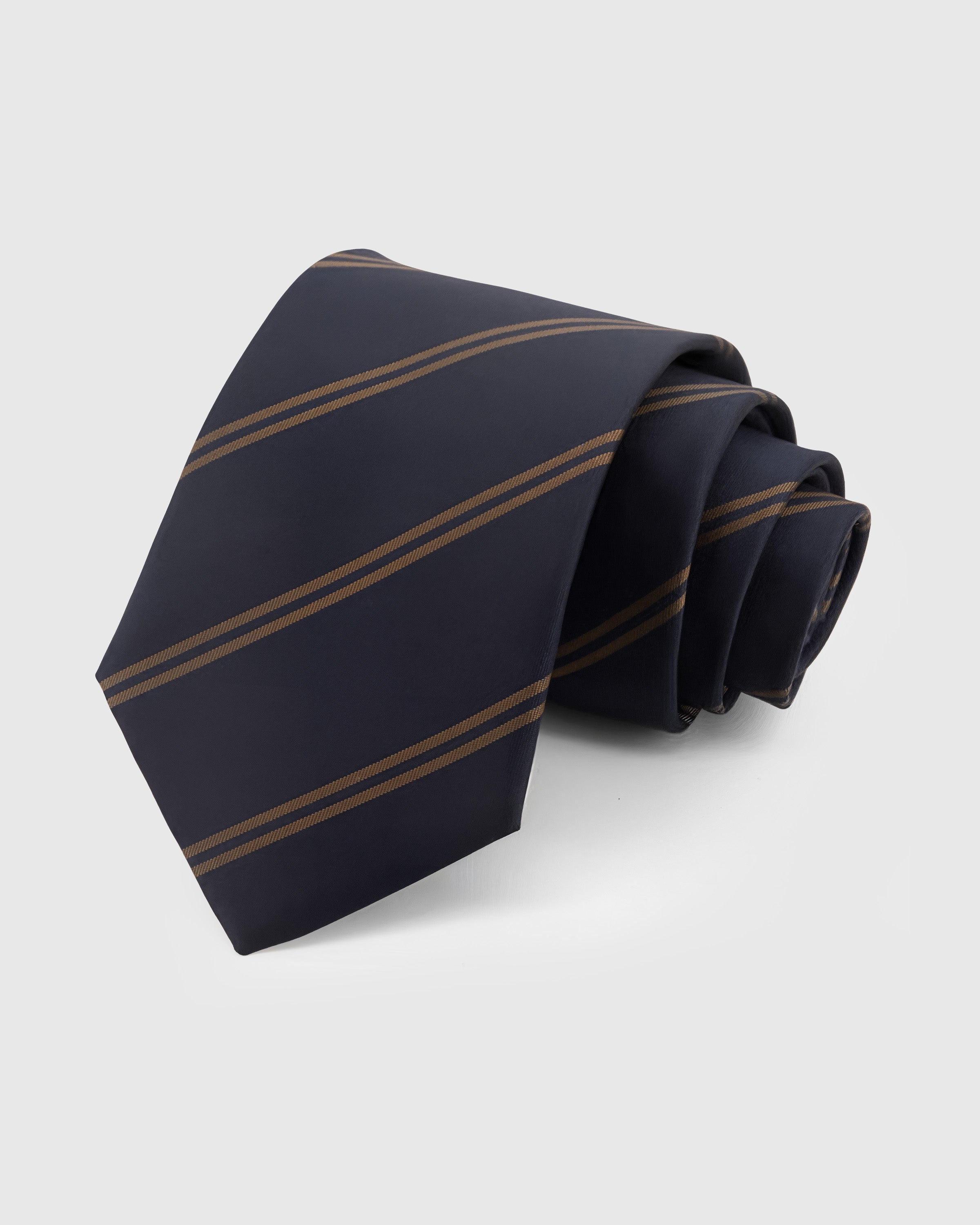 STICKYZOO Midnight Bronze Stripe Tie in mulberry silk with bronze diagonal double stripes on midnight ground, 45° bias-cut