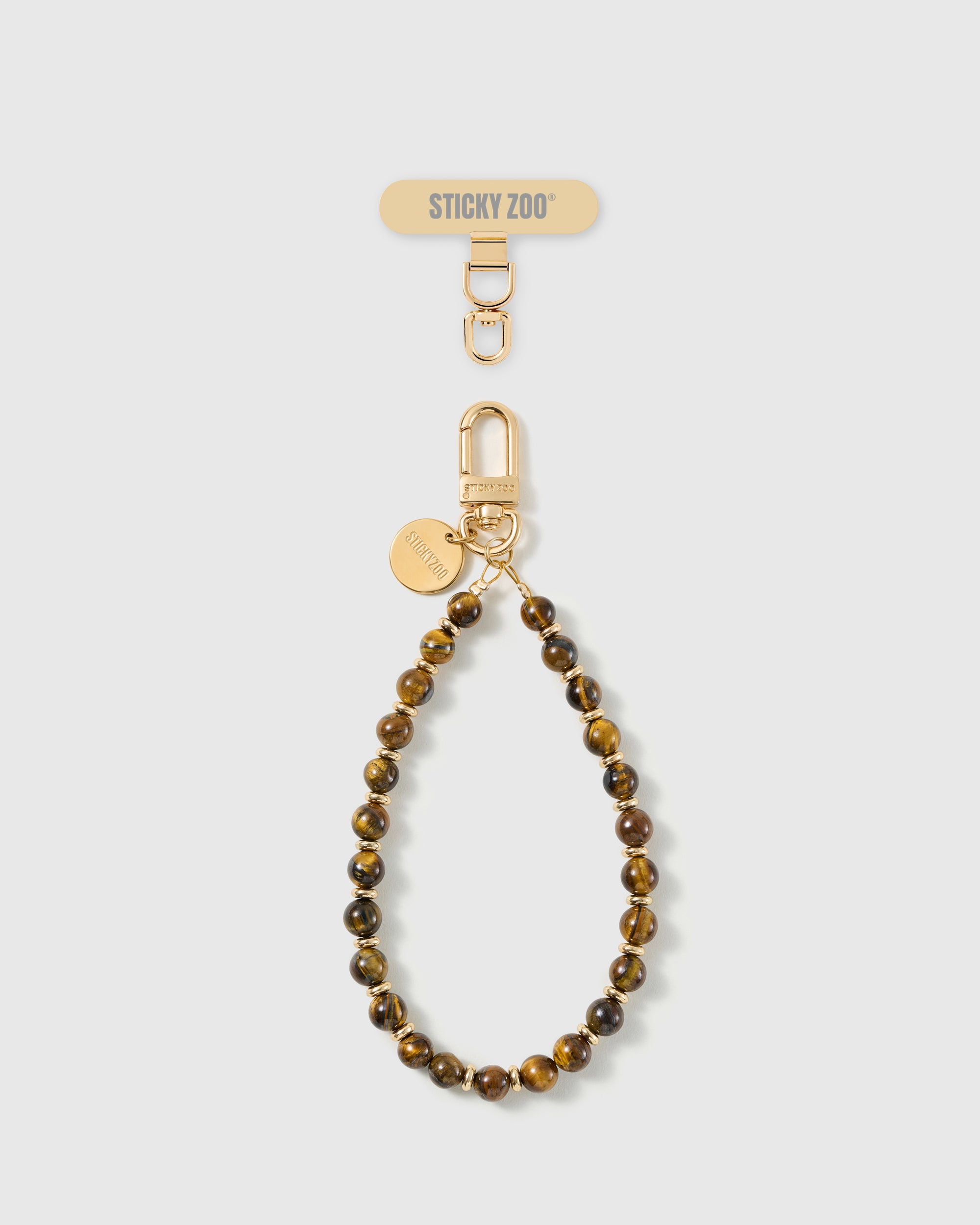 STICKYZOO handmade bronze stone phone strap with golden-brown banded beads and Phone Strap Card tab