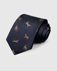 100% mulberry silk STICKYZOO Dachshund Tie in navy with hand-embroidered multi-breed dog motifs in contrasting thread, rolled