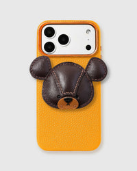 STICKYZOO Bear Charm Case with 3D handmade French Alran leather bear charm in dark brown with hand-stitched ears and tan snout.