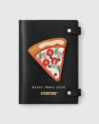 STICKYZOO Pizza Slice Notebook with hand-cut French Alran leather charm on black genuine goatskin cover, gold snap closure