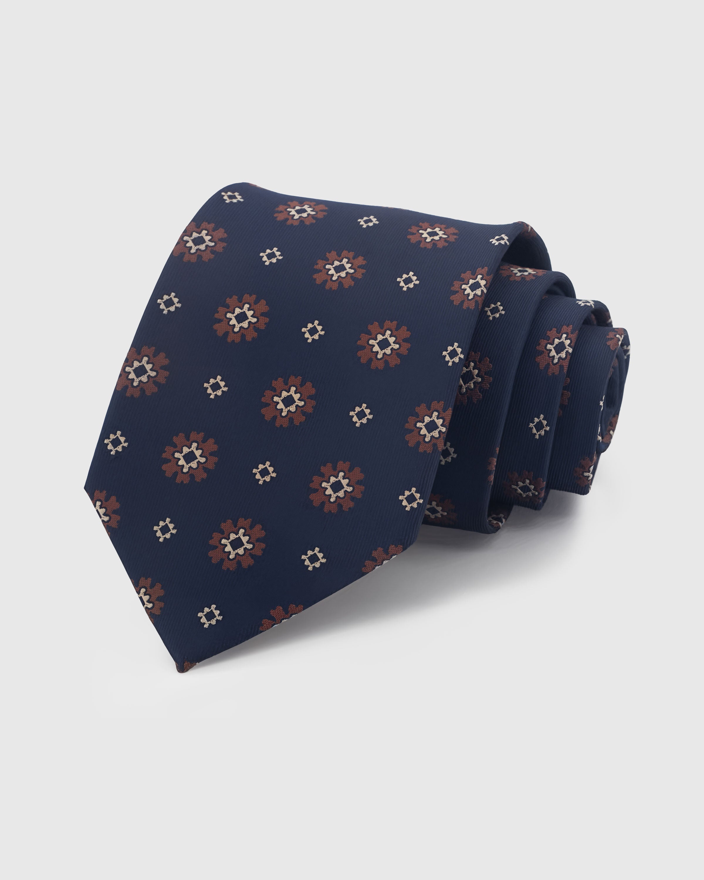 {100% mulberry silk weave} STICKYZOO MIDNIGHT EMBER FOULARD TIE in hand-embroidered mulberry silk with foulard motif, 45° bias-cut Italian method