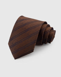 STICKYZOO Walnut Horizon Tie in hand-embroidered mulberry silk with navy irregular stripes on textured walnut ground