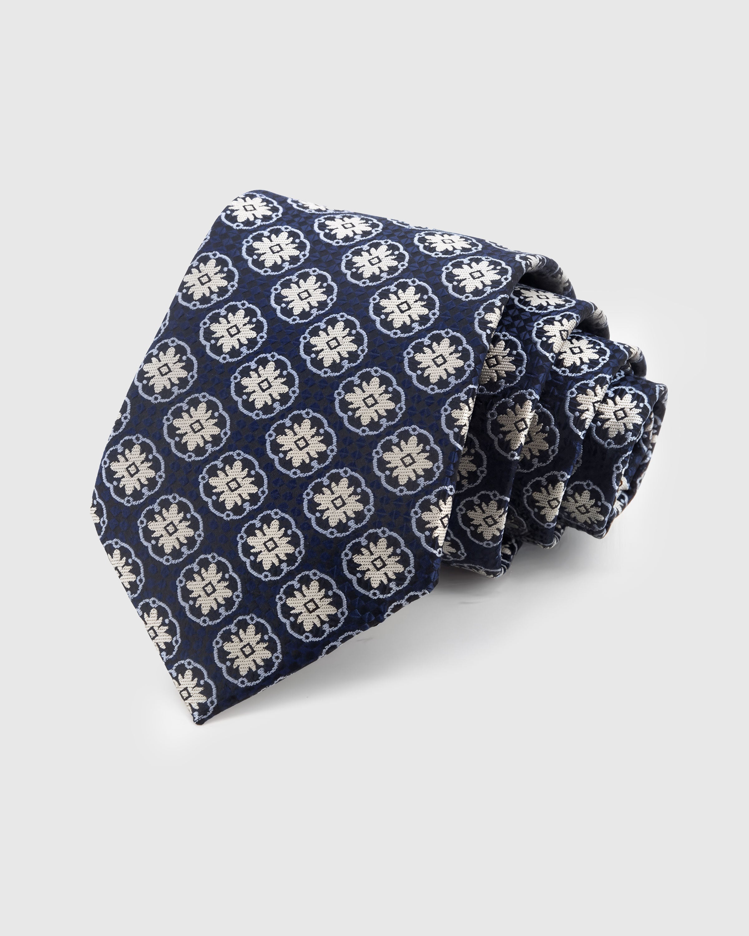 STICKYZOO Navy Medallion Tie — hand-embroidered navy / silver mulberry silk with medallion grid pattern