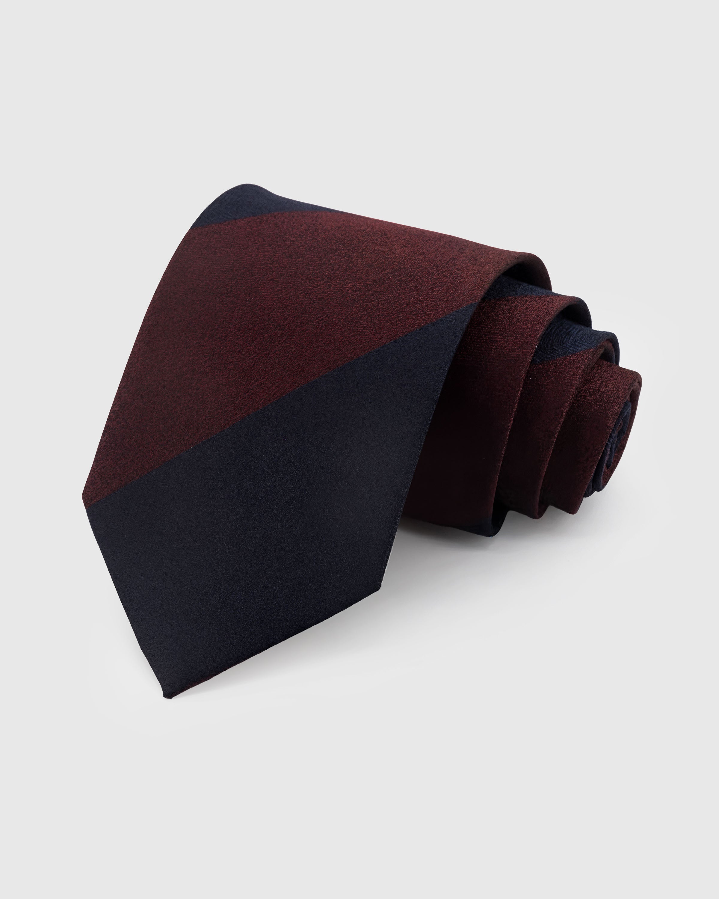 STICKYZOO Claret Regiment Tie in mulberry silk with claret and navy regiment stripes, 45° bias-cut Italian method
