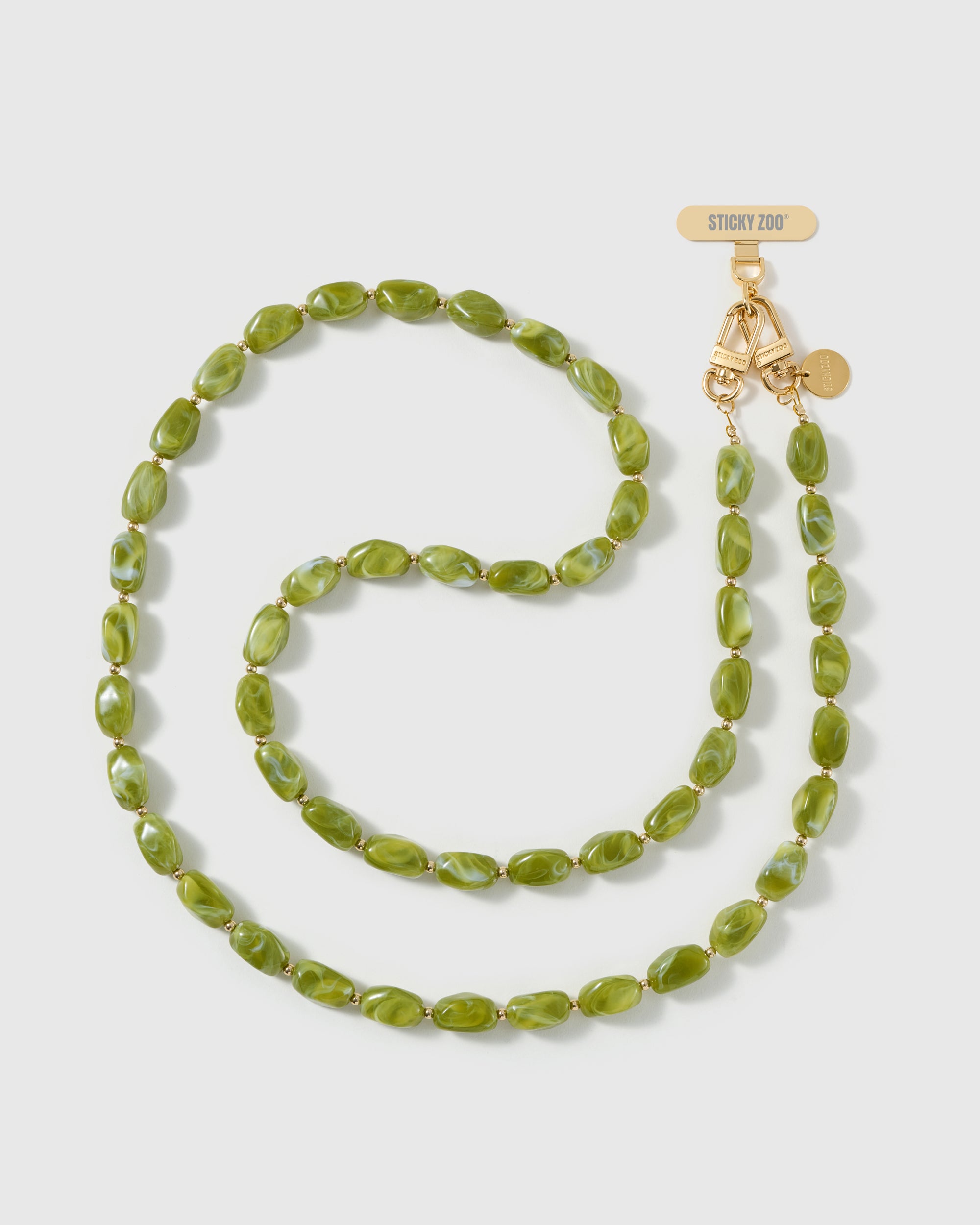 Handmade STICKYZOO moss olive-green polished resin beaded cross-body phone strap shown full length with gold-plated clasps and Phone Strap Card tab