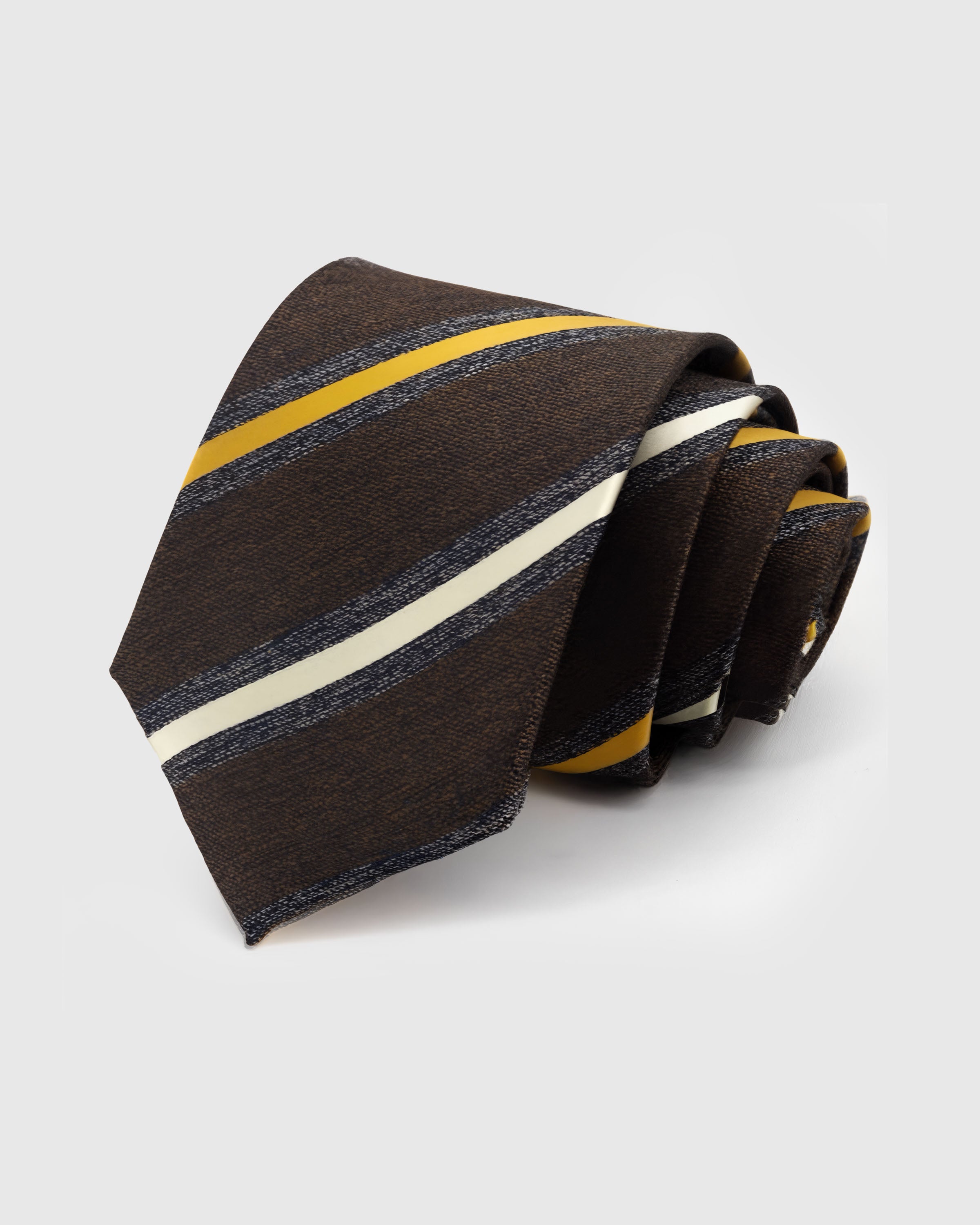 STICKYZOO Espresso Varsity Tie in hand-embroidered mulberry silk with saffron, cream, and navy diagonal stripes, 45° bias-cut Italian method