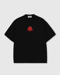 STICKYZOO Crab T-Shirt in black with a hand-beaded red crab applique on 230gsm cool-touch cotton, oversized boxy fit.