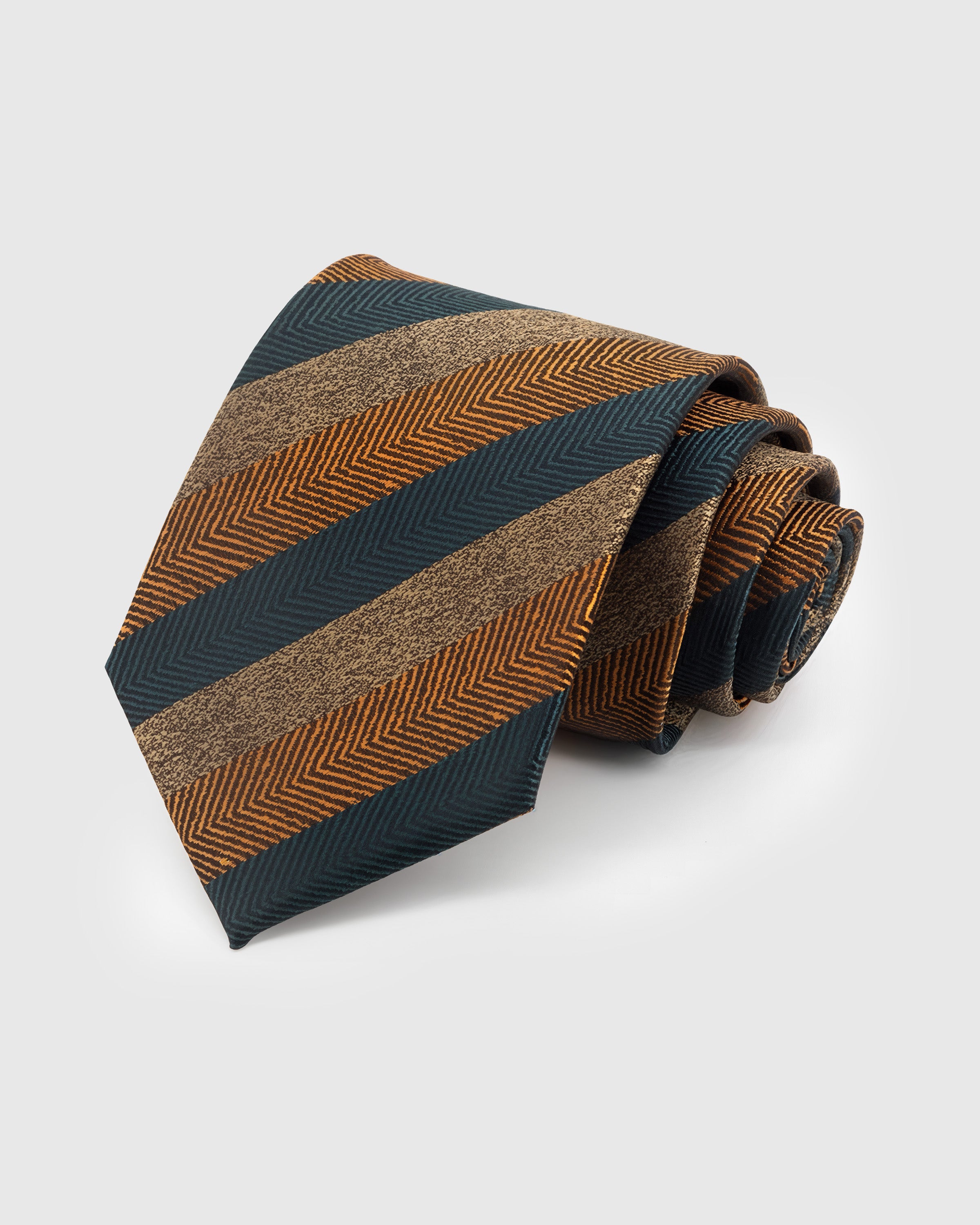 EMBER HERRINGBONE TIE — Hand-embroidered herringbone stripe detail on 100% mulberry silk in ember, showing embroidery texture and silk sheen