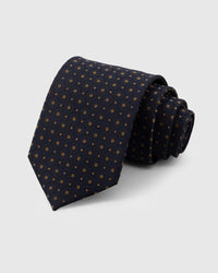 STICKYZOO Midnight Medallion Tie in hand-embroidered mulberry silk with gold dot motifs on jacquard ground, 45° bias-cut Italian method