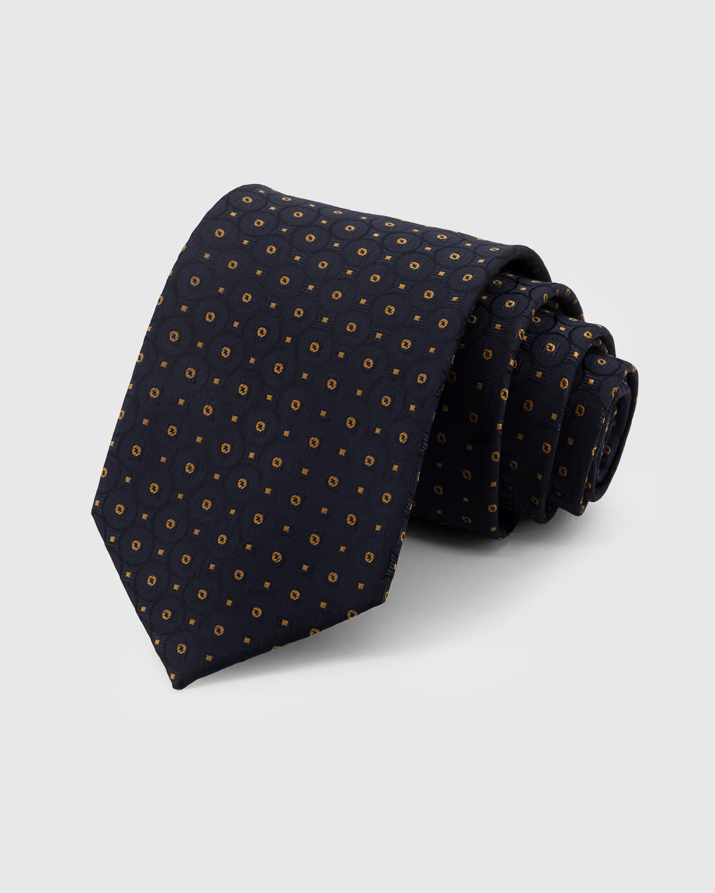 STICKYZOO Midnight Medallion Tie in hand-embroidered mulberry silk with gold dot motifs on jacquard ground, 45° bias-cut Italian method