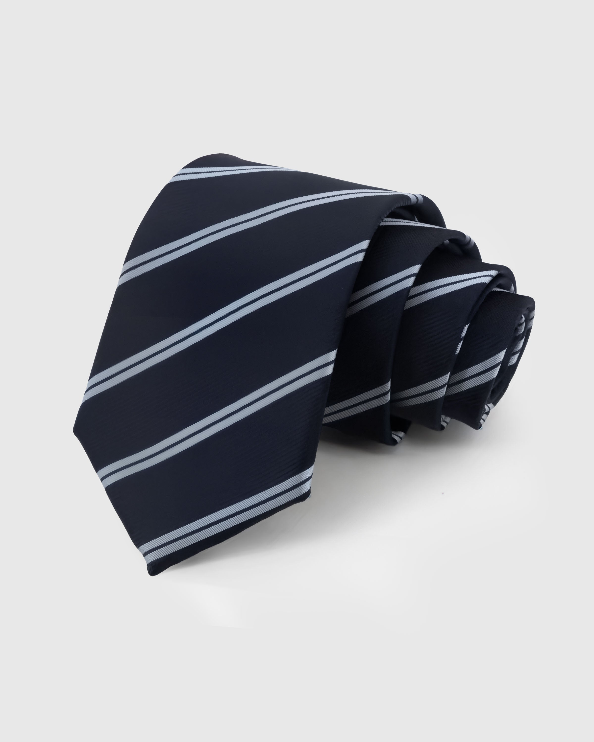 STICKYZOO NAVY SILVER STRIPE TIE — 100% mulberry silk with hand-embroidered silver-blue double diagonal stripes on deep navy ground