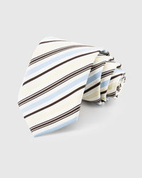 STICKYZOO Ivory Coastal Stripe Tie in mulberry silk with sky-blue and chocolate diagonal stripes on ivory ground, 45° bias-cut