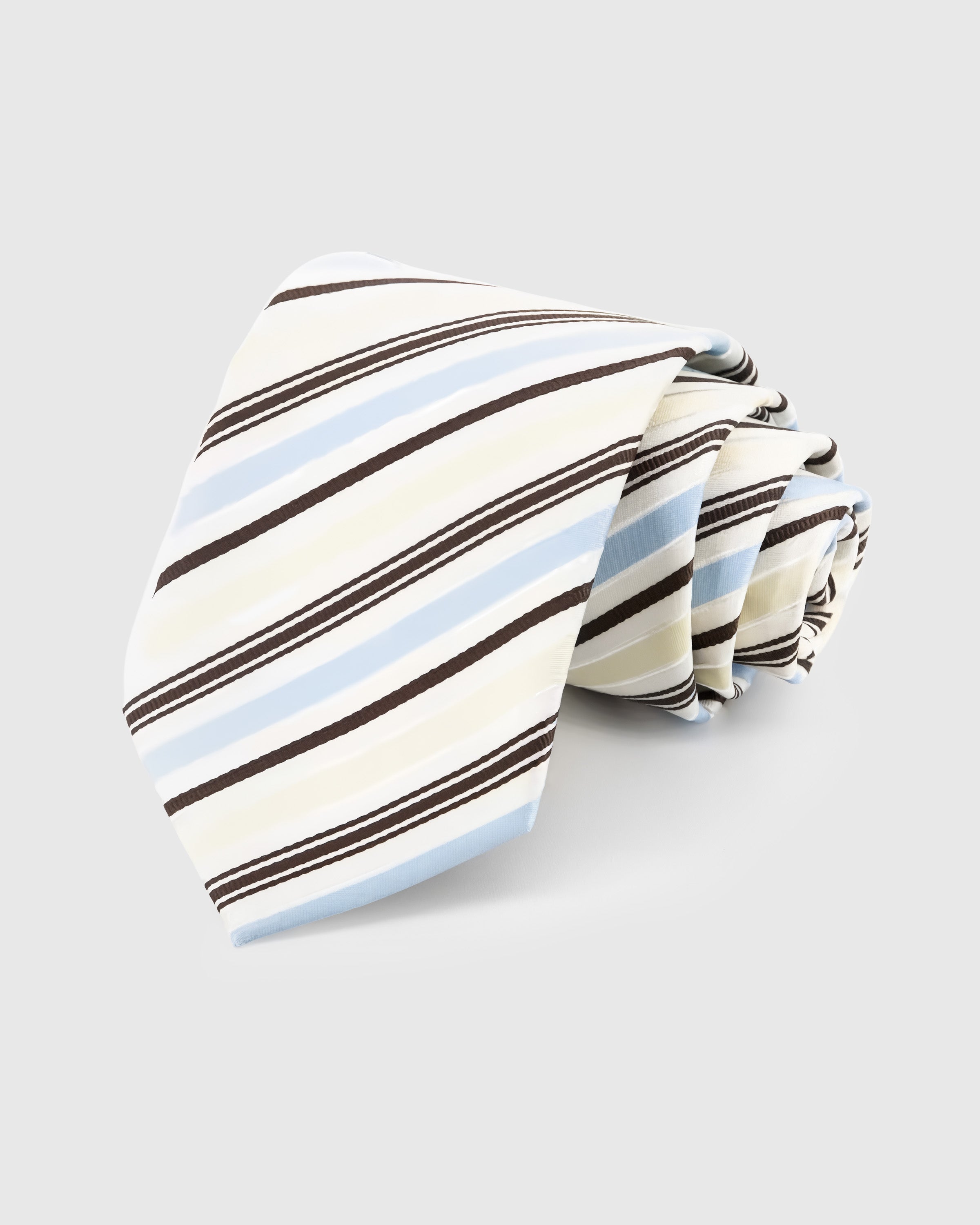 STICKYZOO Ivory Coastal Stripe Tie in mulberry silk with sky-blue and chocolate diagonal stripes on ivory ground, 45° bias-cut