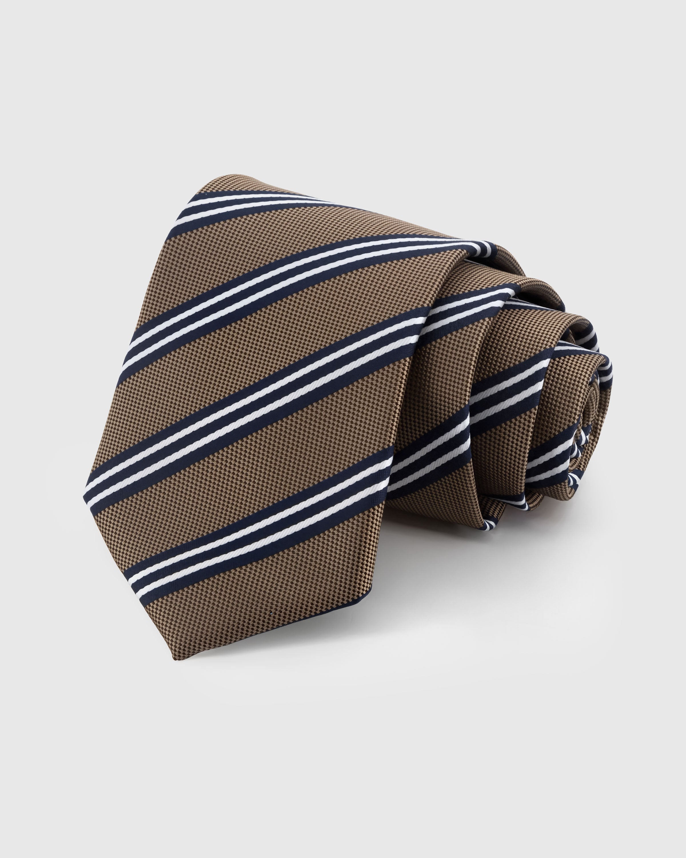STICKYZOO CAMEL CLUB STRIPE TIE — 100% mulberry silk with hand-embroidered navy and white triple diagonal club stripes on warm camel with nailhead weave ground