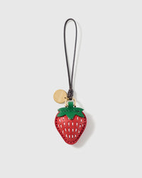 Handmade French Alran goatskin leather strawberry bag charm with seed stitching, green leaf and 18K gold-plated STICKYZOO disc