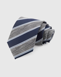 STICKYZOO Navy Silver Stripe Tie in hand-embroidered mulberry silk with woven navy and silver textured stripes, 45° bias-cut