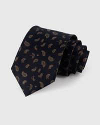 STICKYZOO NOIR SCATTERED PAISLEY TIE — 100% mulberry silk with hand-embroidered gold-toned scattered miniature paisley drops on deep black with textured weave ground