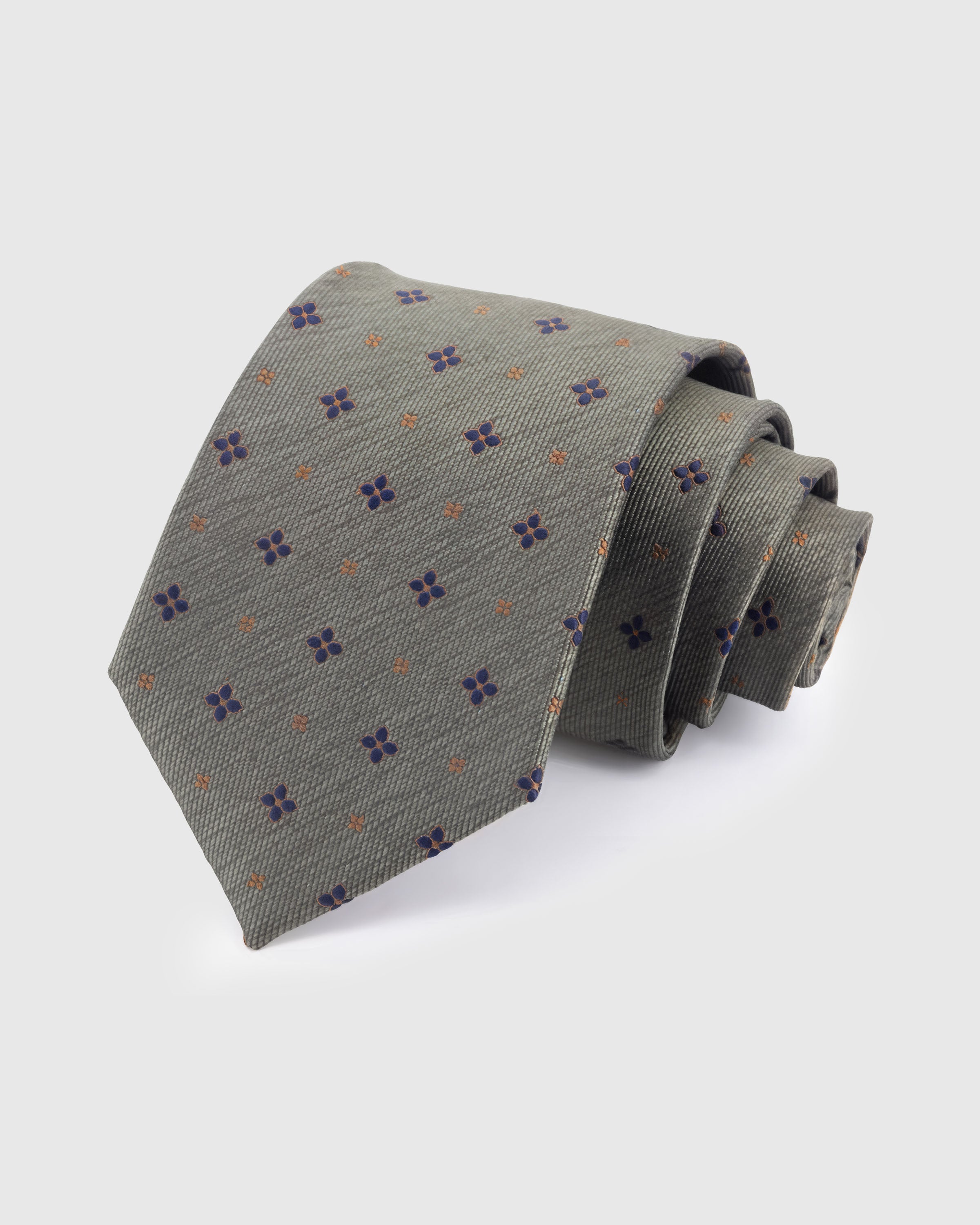 STICKYZOO Sage Floret Tie — hand-embroidered sage / purple / copper mulberry silk with scattered floret pattern