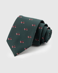 EVERGREEN VESPA TIE — Hand-embroidered scooter detail on 100% mulberry silk in evergreen, showing embroidery texture and silk sheen