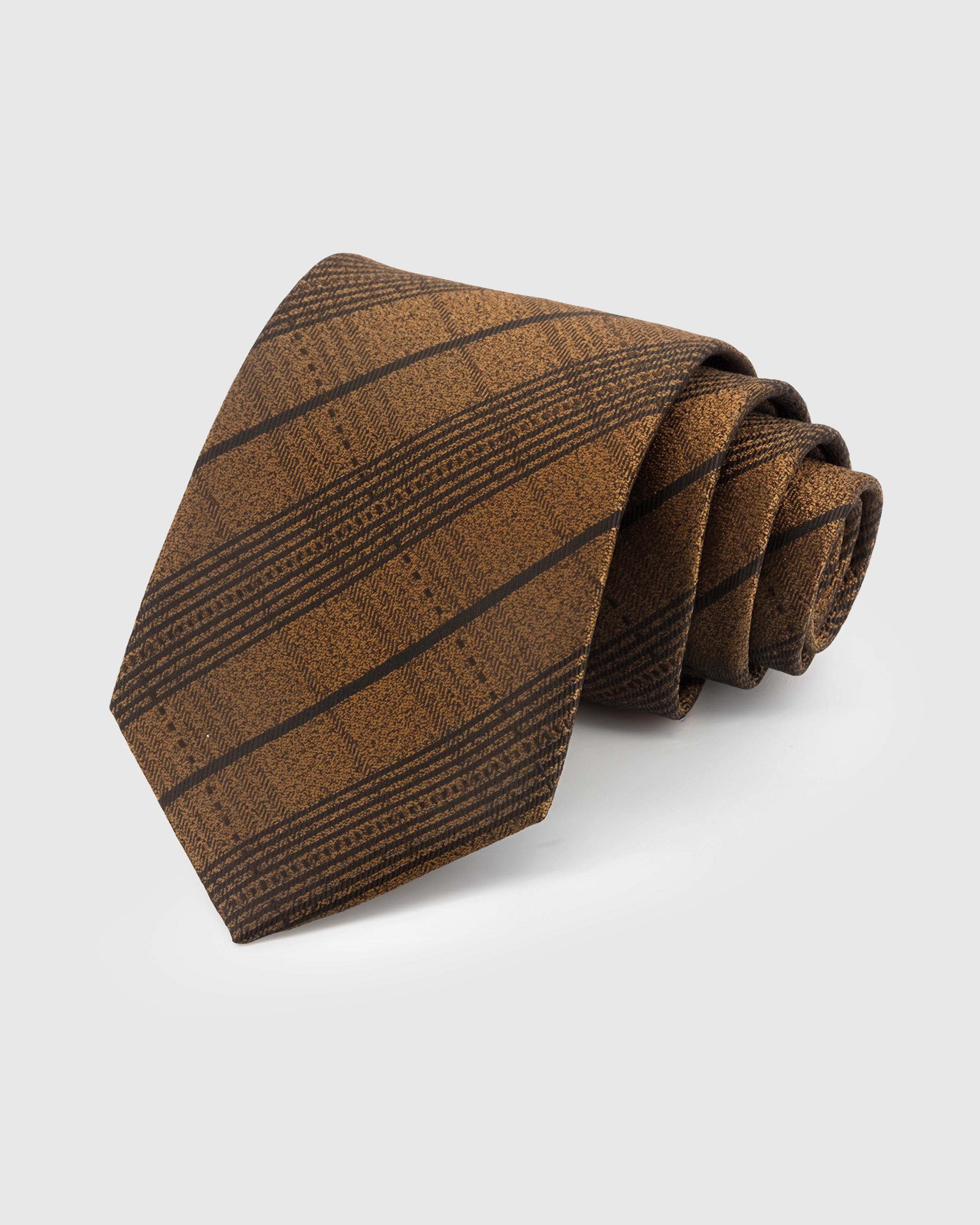 STICKYZOO Toffee Tonal Stripe Tie in hand-embroidered mulberry silk with umber tonal stripes on warm amber-brown textured ground, 45° bias-cut