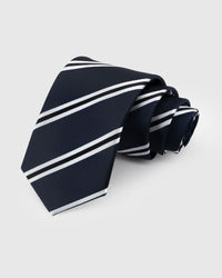 STICKYZOO Navy Emerald Stripe Tie in mulberry silk with emerald and white regimental stripes, 45° bias-cut Italian method
