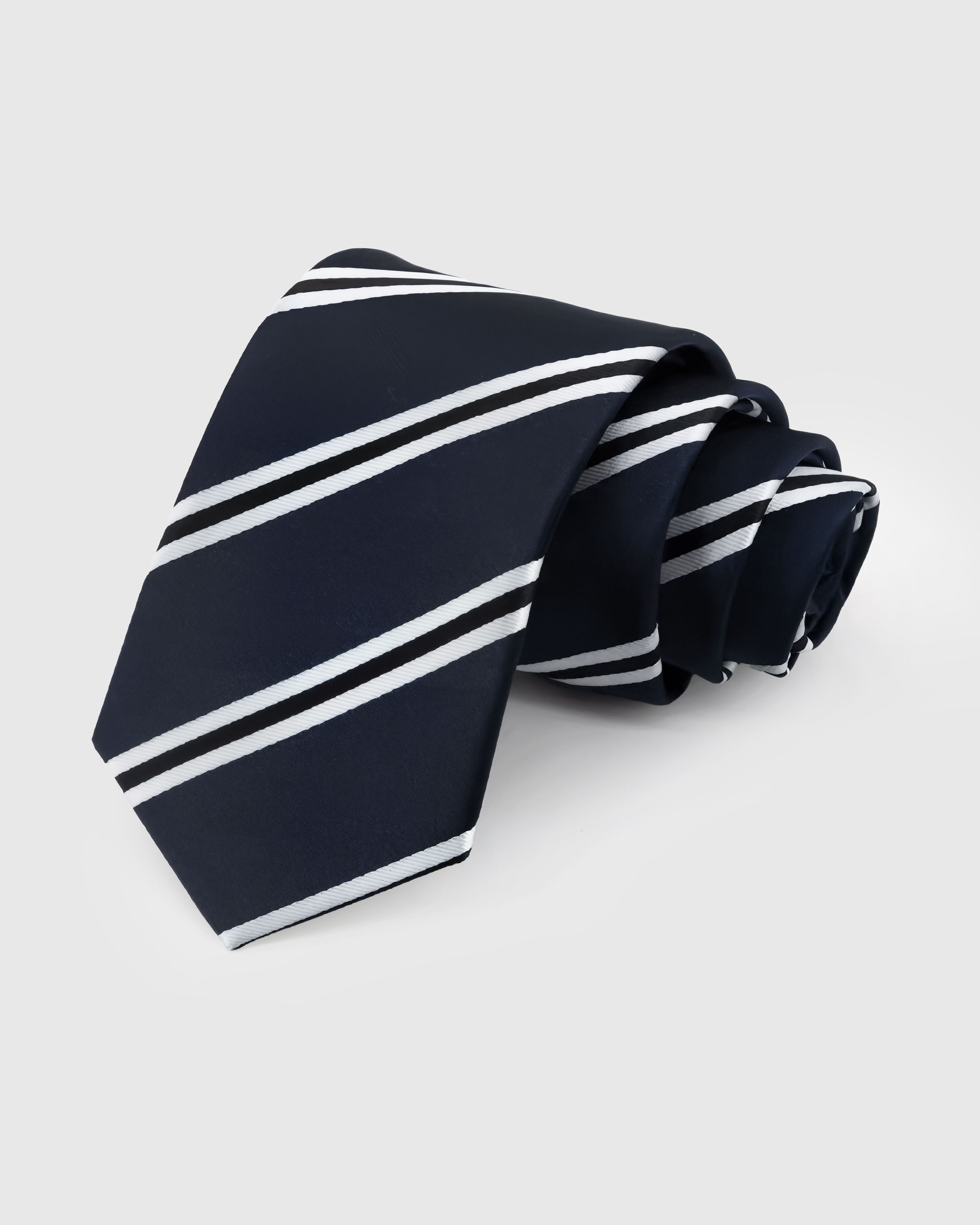 STICKYZOO Navy Emerald Stripe Tie in mulberry silk with emerald and white regimental stripes, 45° bias-cut Italian method