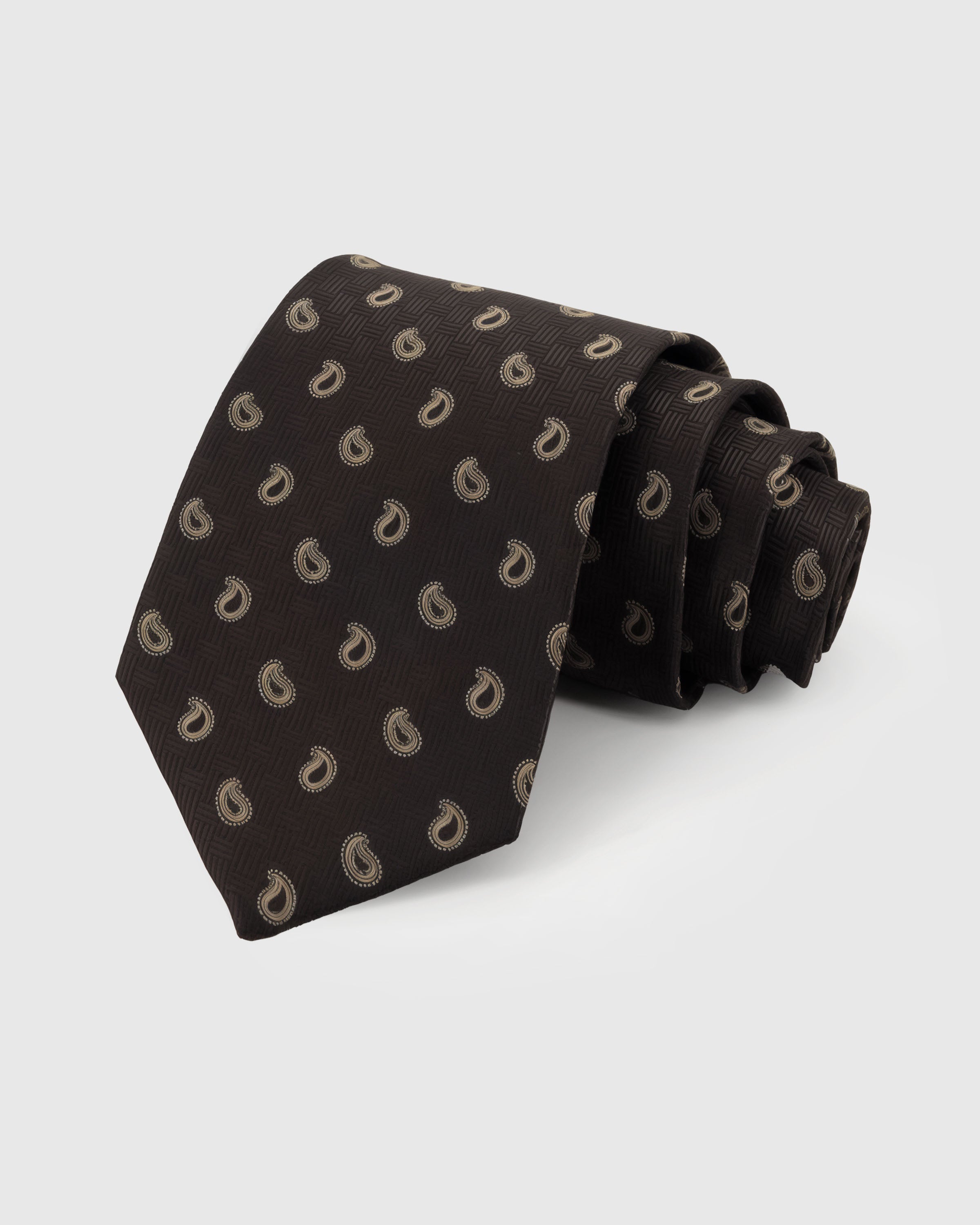 STICKYZOO Midnight Paisley Tie in hand-embroidered basket-weave mulberry silk with gold paisley motifs, 45° bias-cut Italian method