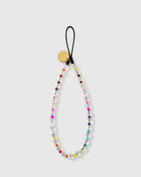 STICKYZOO clear beaded phone strap laid flat, chunky faceted clear beads with tiny rainbow seed-bead accents and a black loop with gold disc.