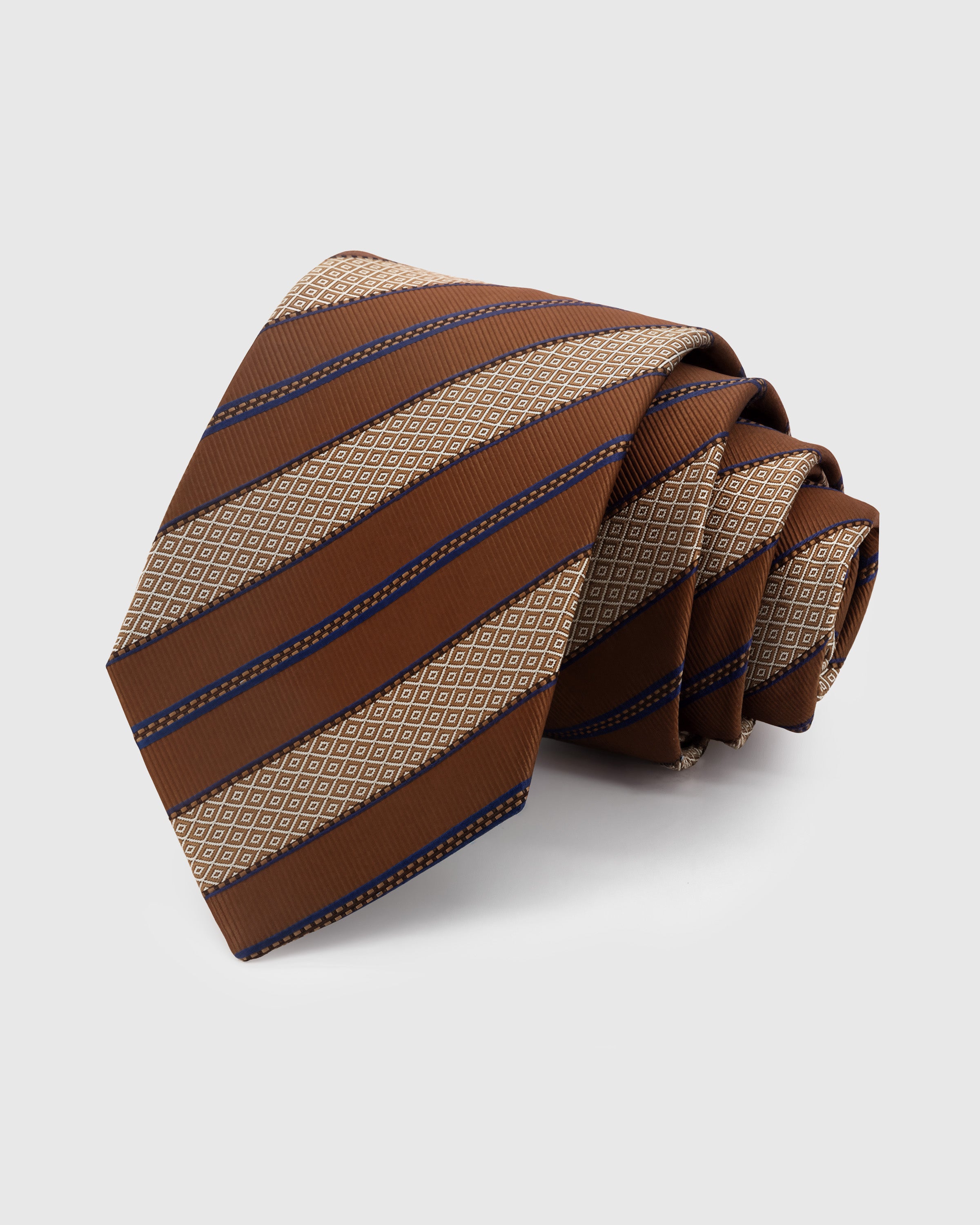 STICKYZOO Cognac Mosaic Stripe Tie in hand-embroidered mulberry silk with micro-square stripe bands and cobalt accent, 45° bias-cut