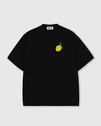 STICKYZOO Lemon T-Shirt in black, oversized boxy cotton tee with a hand-beaded glass-bead lemon appliqué on the chest