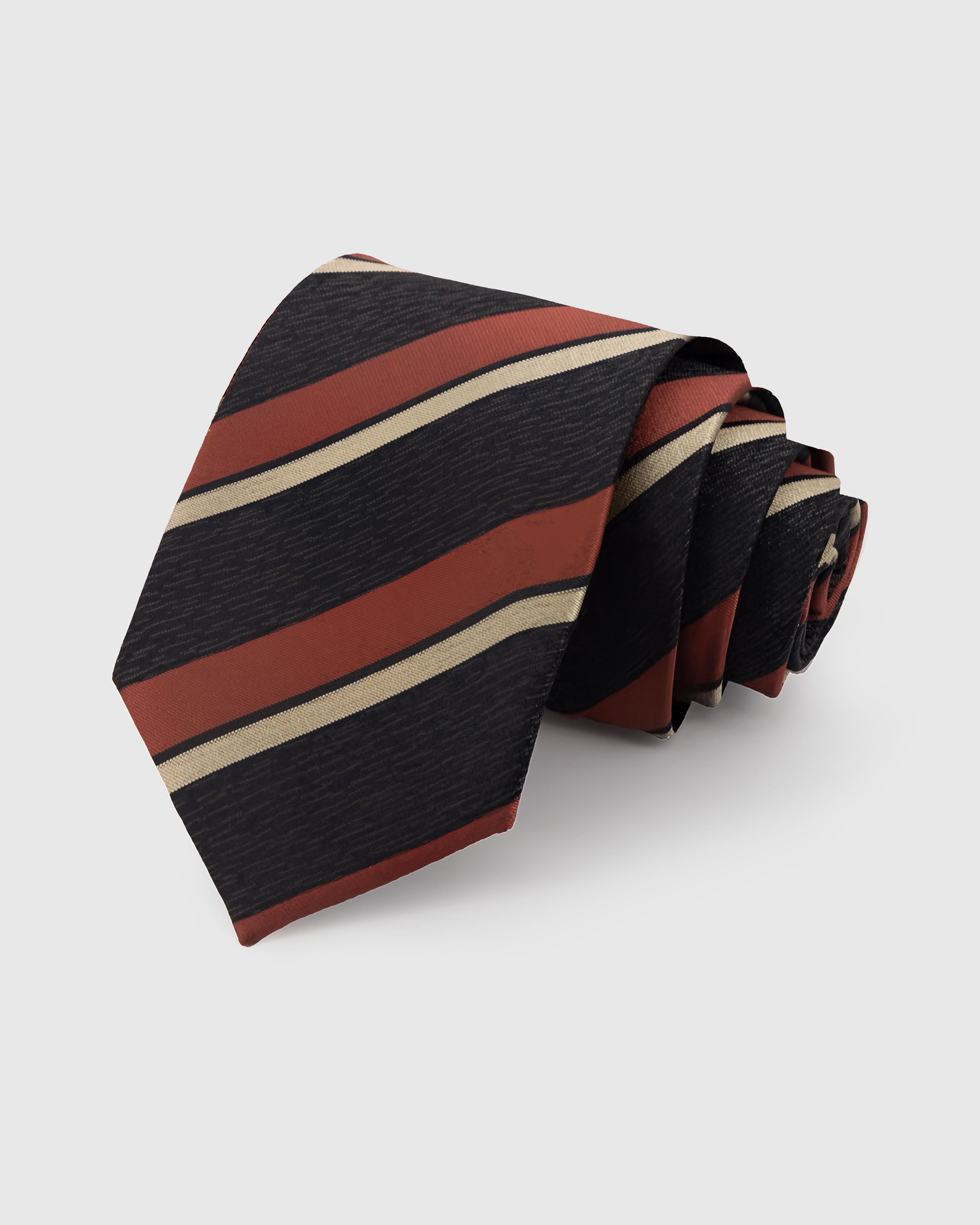 STICKYZOO Ember Regimental Tie in hand-embroidered mulberry silk with charcoal and cream diagonal stripes, 45° bias-cut Italian method