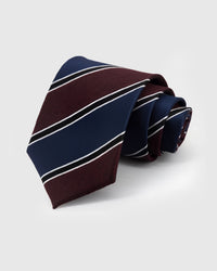 STICKYZOO Claret Regiment Tie in hand-embroidered mulberry silk with claret and steel blue diagonal stripes, 45° bias-cut Italian method