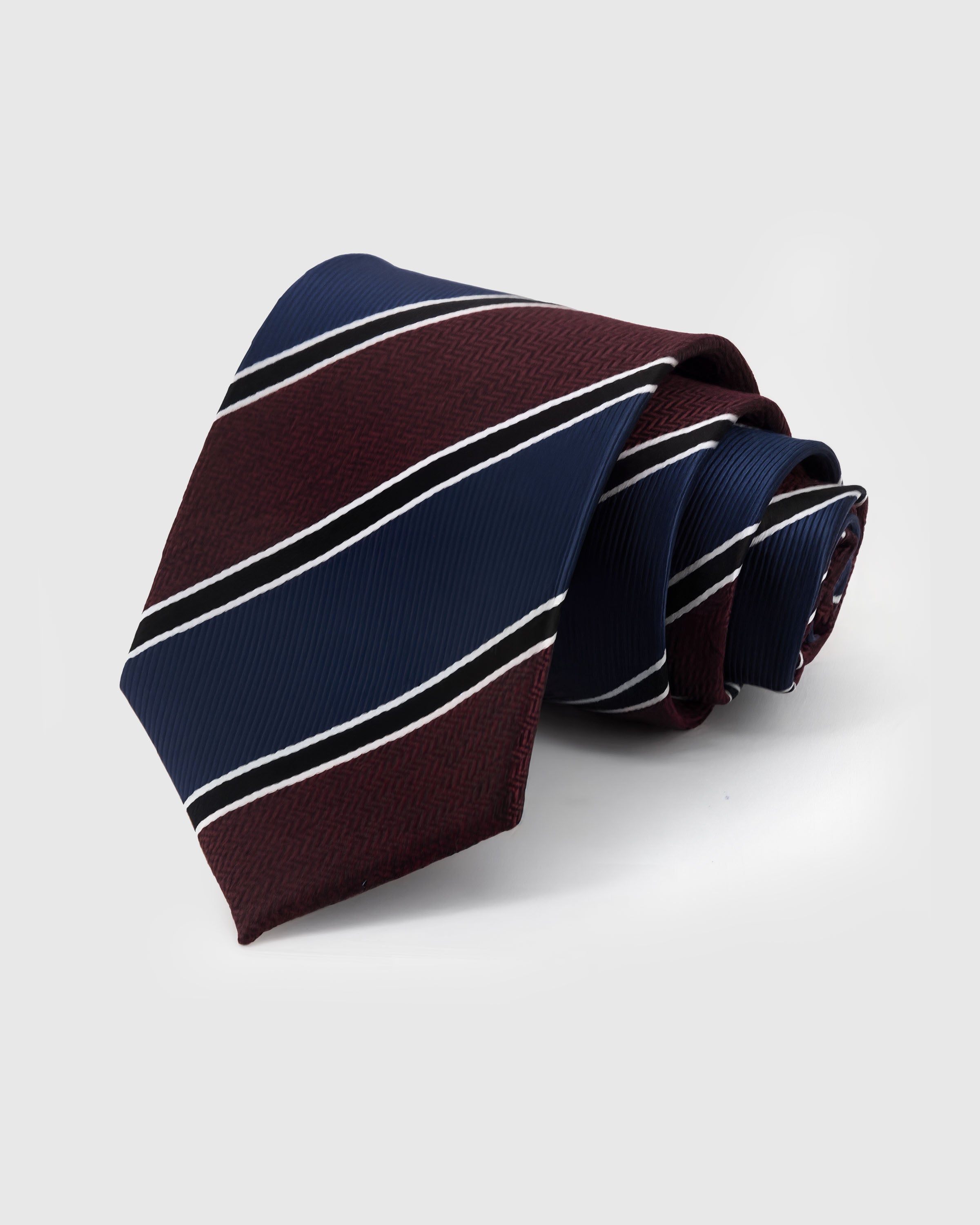 STICKYZOO Claret Regiment Tie in hand-embroidered mulberry silk with claret and steel blue diagonal stripes, 45° bias-cut Italian method