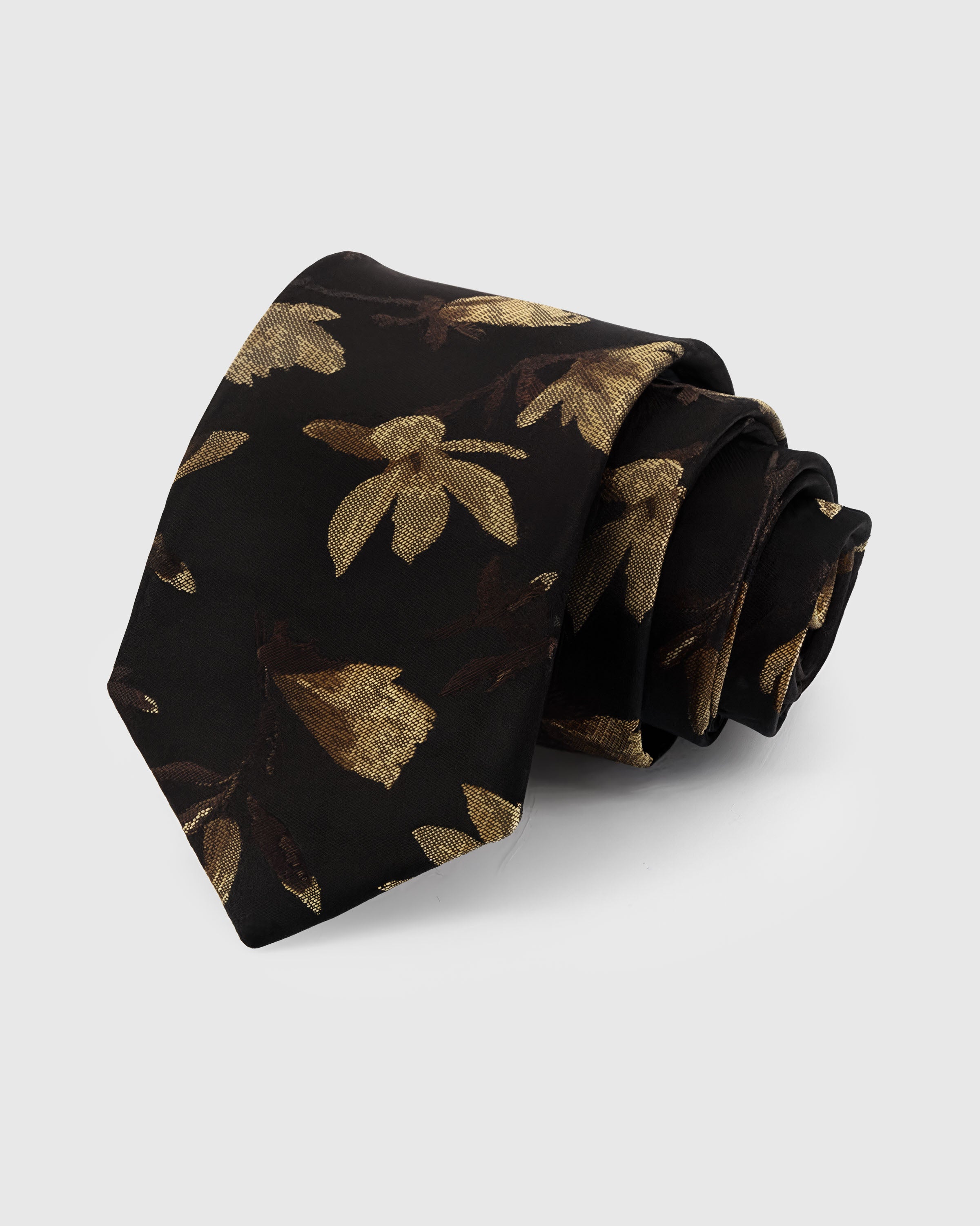 {100% mulberry silk weave} STICKYZOO NOIR GILDED BLOOM TIE in hand-embroidered mulberry silk with floral motif, 45° bias-cut Italian method
