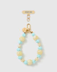 Handmade aqua marbled bead phone strap by STICKYZOO with 18K gold-plated engraved hardware