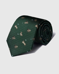 100% mulberry silk STICKYZOO Pug Play Tie in forest green with hand-embroidered pug motifs on herringbone weave, rolled