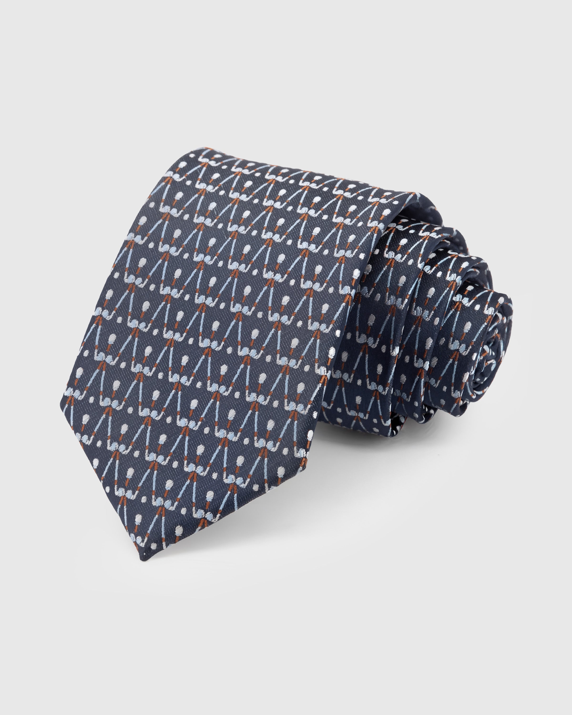 STICKYZOO Slate Geometric Tie in hand-embroidered mulberry silk with triangular lattice pattern in copper and white, 45° bias-cut