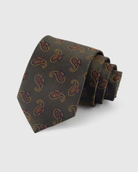 STICKYZOO Moss Paisley Tie — hand-embroidered moss / amber mulberry silk with scattered paisley pattern