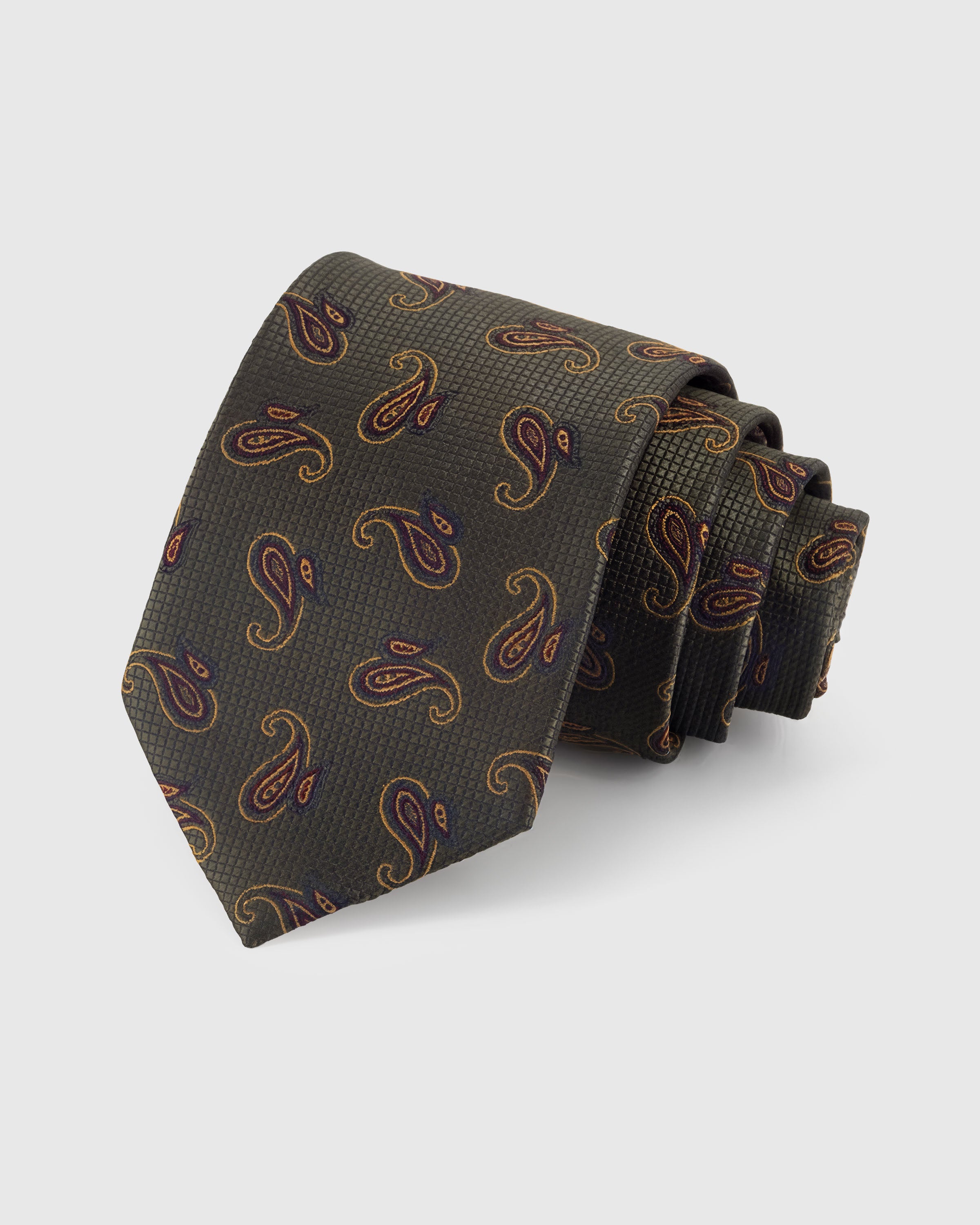 STICKYZOO Moss Paisley Tie — hand-embroidered moss / amber mulberry silk with scattered paisley pattern