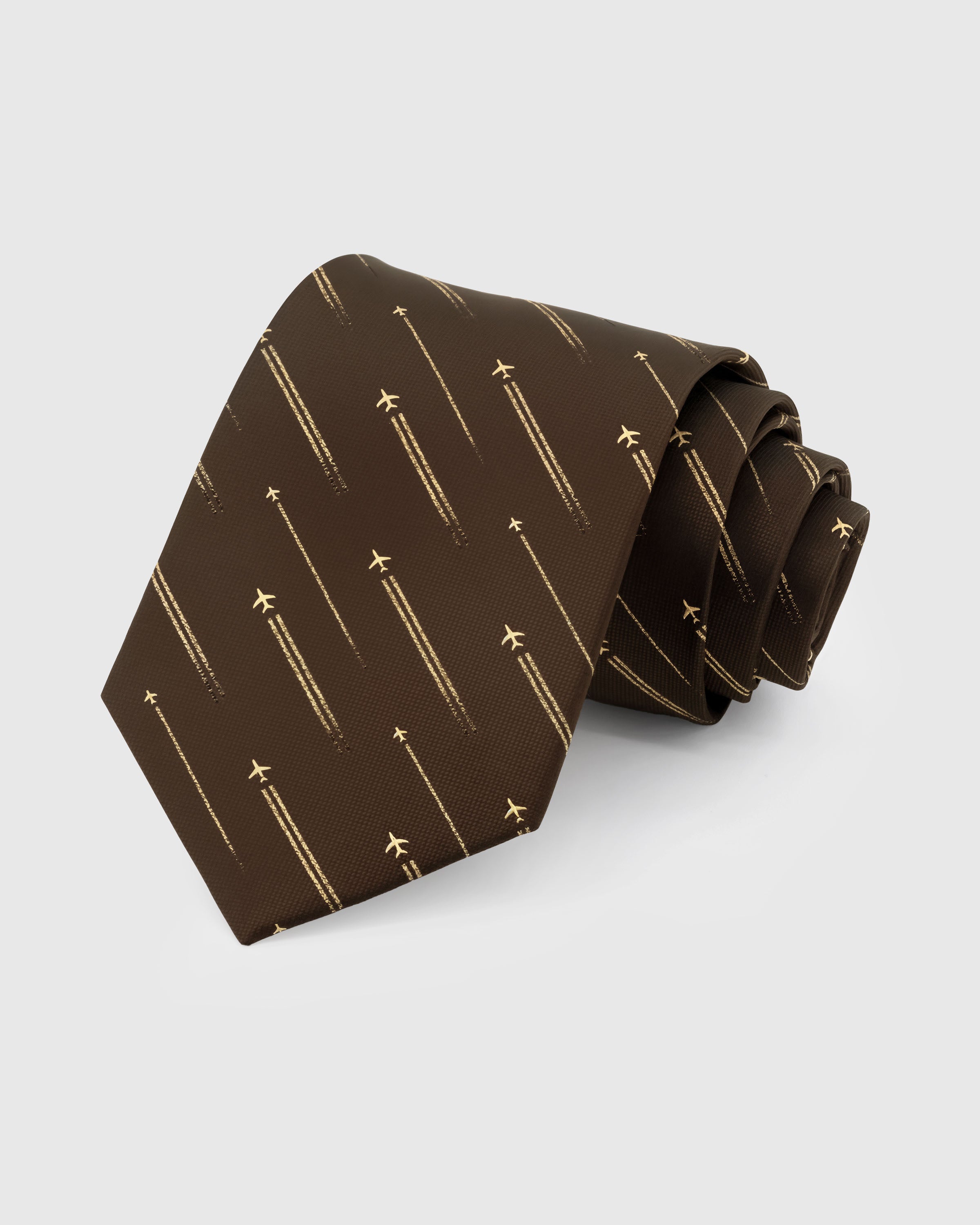 STICKYZOO Umber Aviator Tie in hand-embroidered mulberry silk with gold airplane trail motifs, 45° bias-cut Italian method