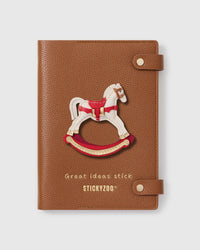STICKYZOO Rocking Horse Notebook with hand-cut French Alran leather charm on camel genuine goatskin cover, gold snap closure