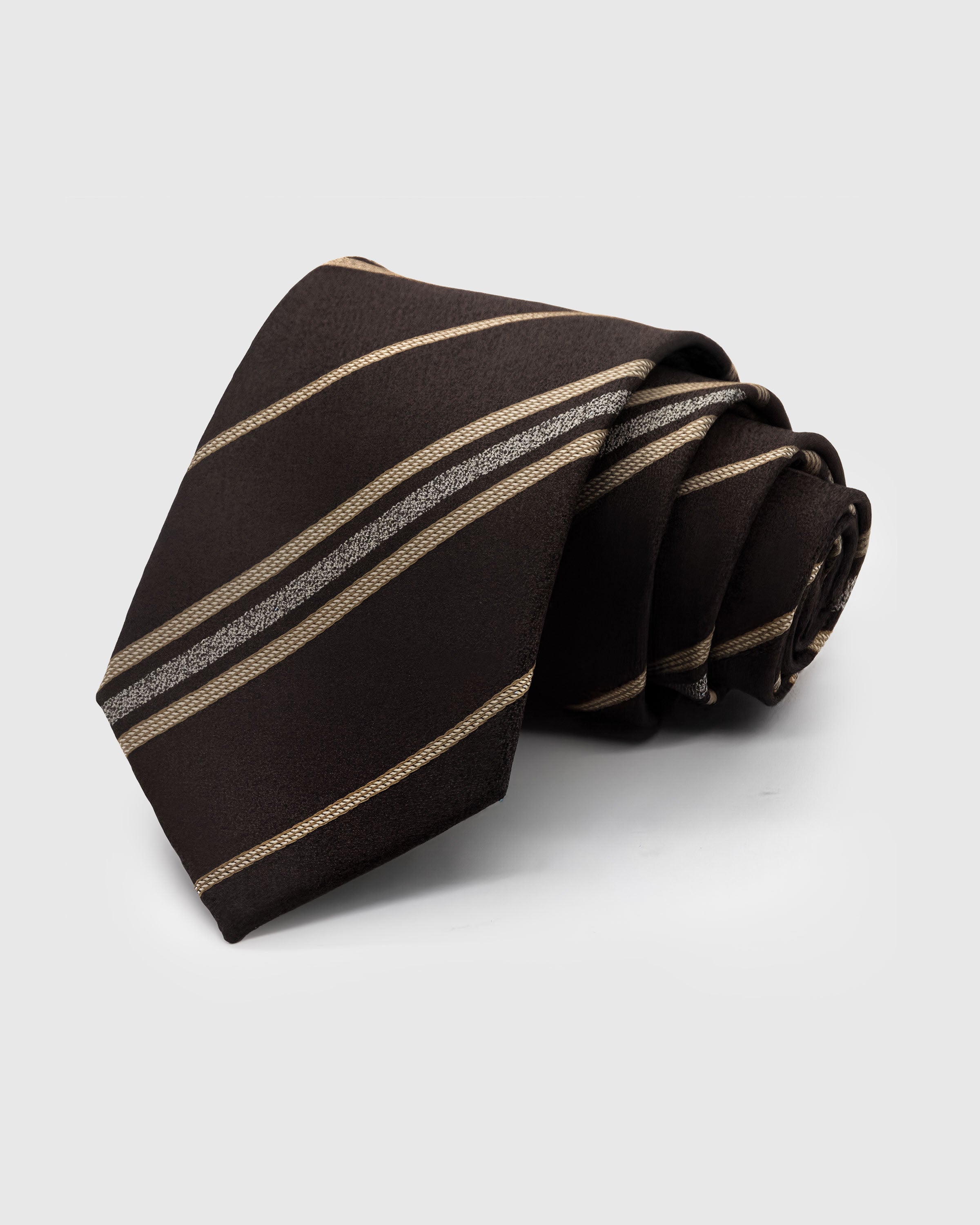 ESPRESSO PINSTRIPE TIE — Hand-embroidered pinstripe detail on 100% mulberry silk in espresso, showing embroidery texture and silk sheen