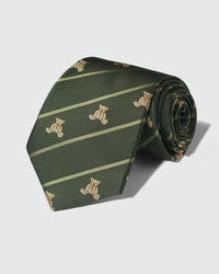 100% mulberry silk STICKYZOO Heritage Teddy Stripe Tie in olive green with sage stripe and embroidered teddy bear motifs, rolled