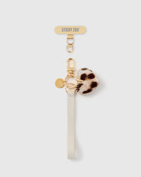 STICKYZOO snow leopard heart leather phone strap flat, ivory calf-hair heart charm on pebbled Alran leather with gold hook